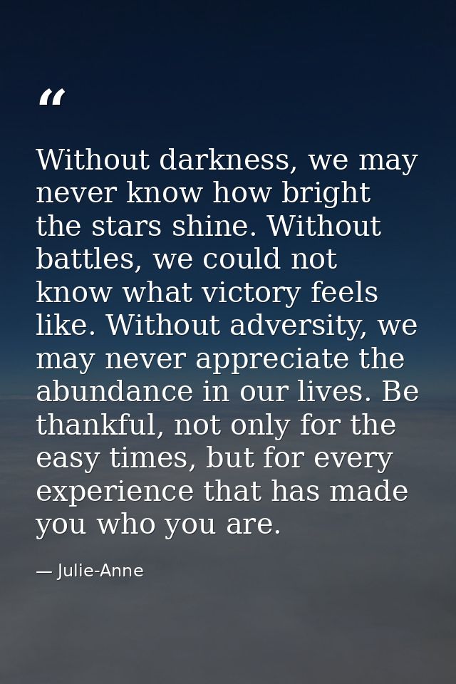 Without darkness, we may never know how bright the stars shine. Without battles, we could not know what victory feels li — Julie-Anne