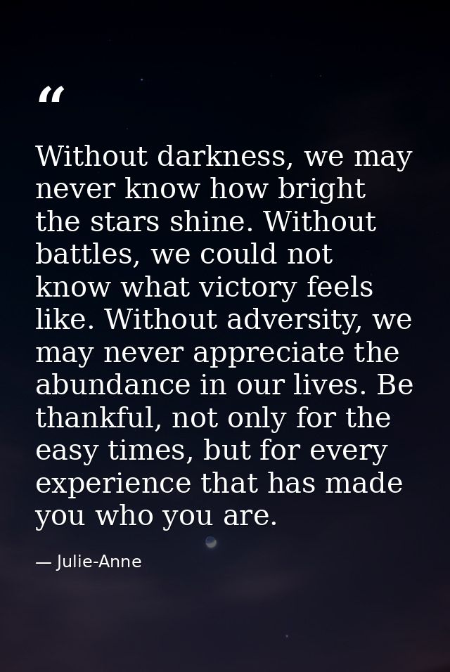 Without darkness, we may never know how bright the stars shine. Without battles, we could not know what victory feels li — Julie-Anne
