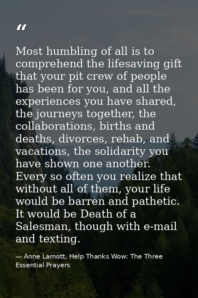 Most humbling of all is to comprehend the lifesaving gift that your pit crew of people has been for you, and all the exp — Anne Lamott, Help Thanks Wow: The Three Essential Prayers