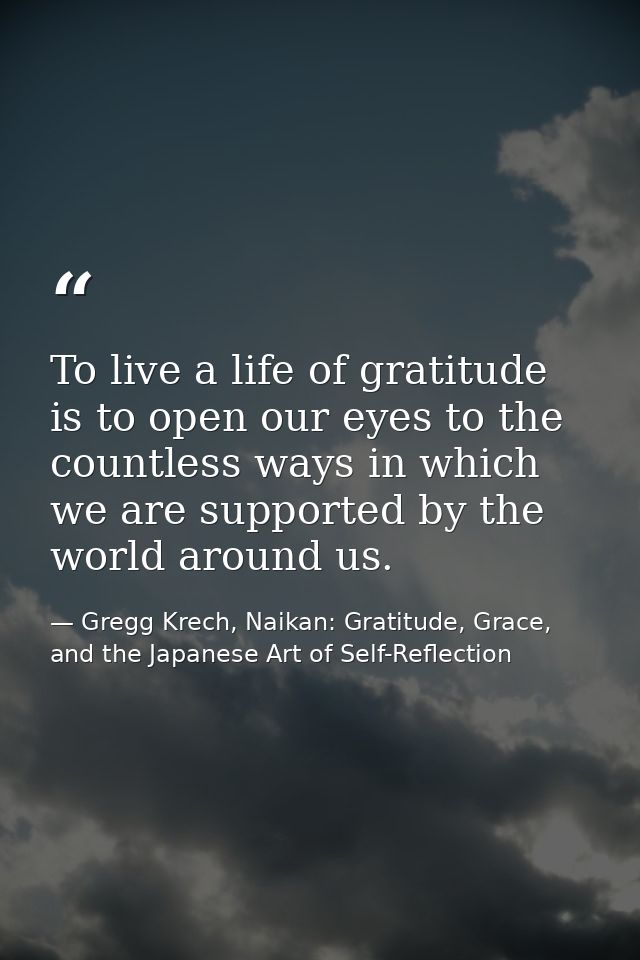 To live a life of gratitude is to open our eyes to the countless ways in which we are supported by the world around us. — Gregg Krech, Naikan: Gratitude, Grace, and the Japanese Art of Self-Reflection