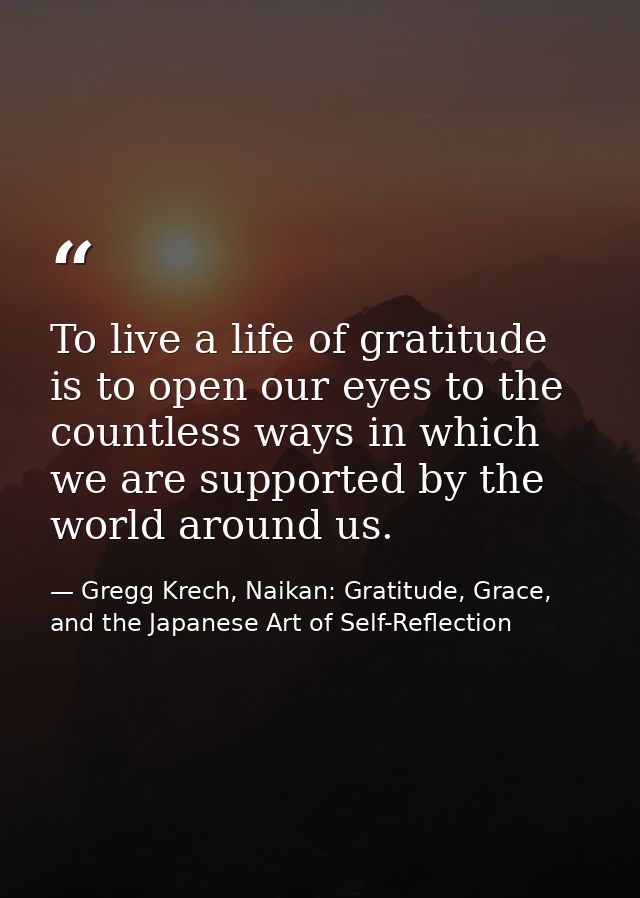 To live a life of gratitude is to open our eyes to the countless ways in which we are supported by the world around us. — Gregg Krech, Naikan: Gratitude, Grace, and the Japanese Art of Self-Reflection