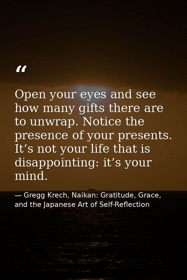 Open your eyes and see how many gifts there are to unwrap. Notice the presence of your presents. It’s not your life that — Gregg Krech, Naikan: Gratitude, Grace, and the Japanese Art of Self-Reflection
