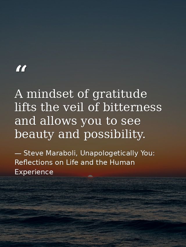 A mindset of gratitude lifts the veil of bitterness and allows you to see beauty and possibility. — Steve Maraboli, Unapologetically You: Reflections on Life and the Human Experience