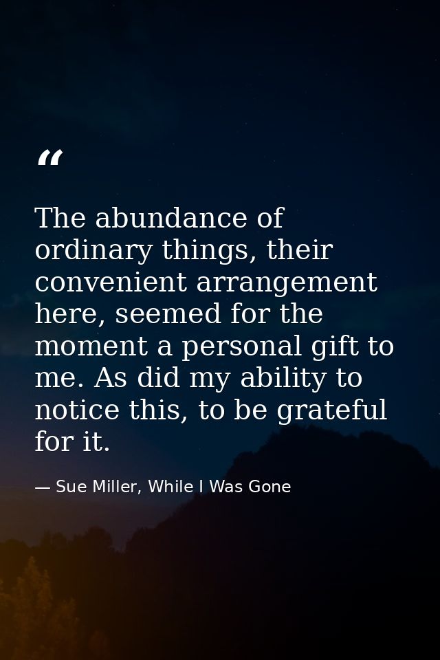 The abundance of ordinary things, their convenient arrangement here, seemed for the moment a personal gift to me. As did — Sue Miller, While I Was Gone