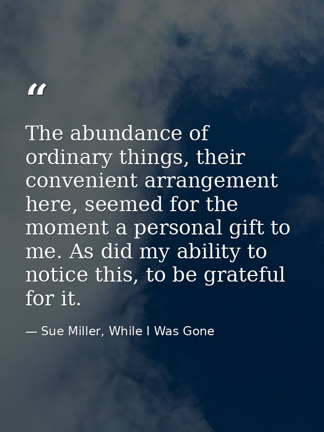 The abundance of ordinary things, their convenient arrangement here, seemed for the moment a personal gift to me. As did — Sue Miller, While I Was Gone