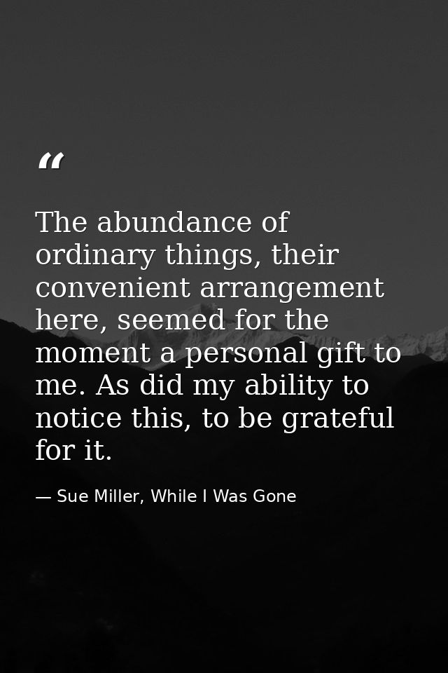 The abundance of ordinary things, their convenient arrangement here, seemed for the moment a personal gift to me. As did — Sue Miller, While I Was Gone