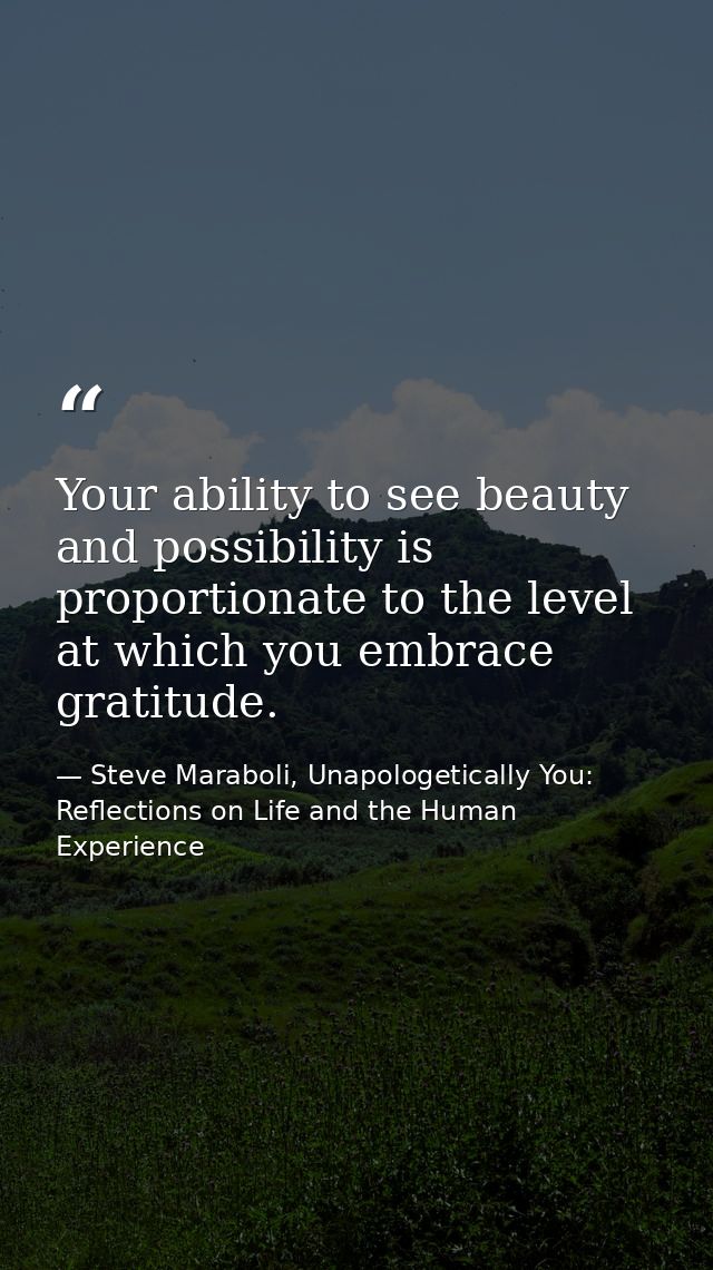 Your ability to see beauty and possibility is proportionate to the level at which you embrace gratitude. — Steve Maraboli, Unapologetically You: Reflections on Life and the Human Experience