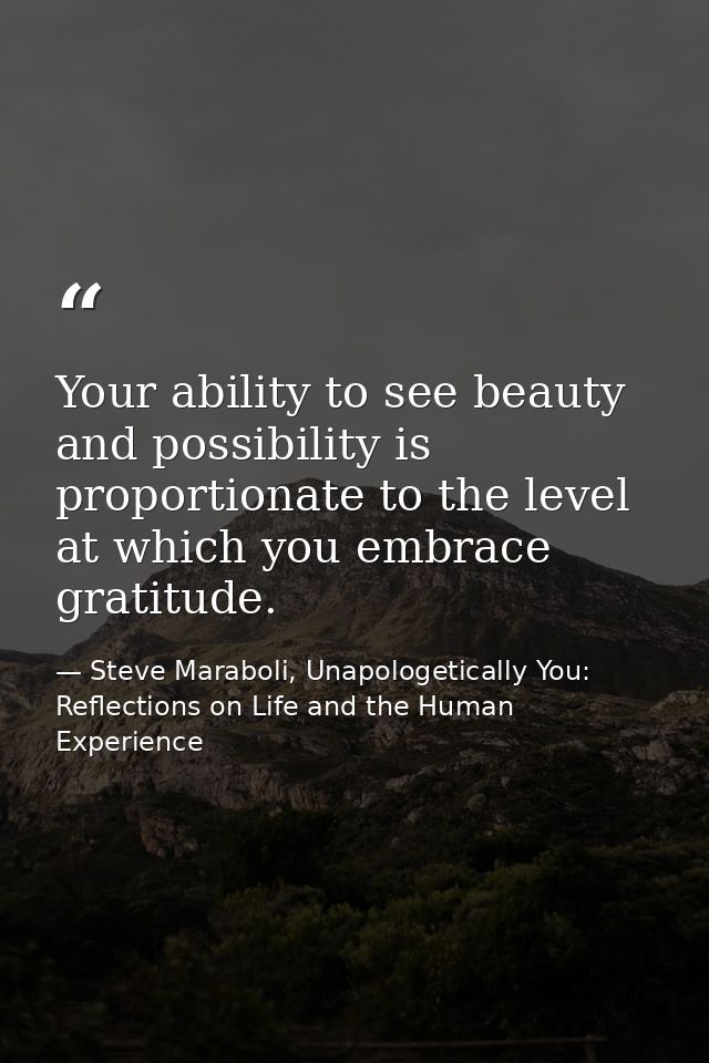Your ability to see beauty and possibility is proportionate to the level at which you embrace gratitude. — Steve Maraboli, Unapologetically You: Reflections on Life and the Human Experience