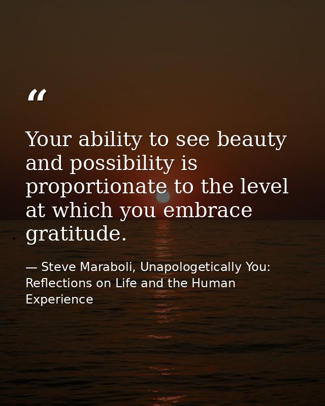 Your ability to see beauty and possibility is proportionate to the level at which you embrace gratitude. — Steve Maraboli, Unapologetically You: Reflections on Life and the Human Experience