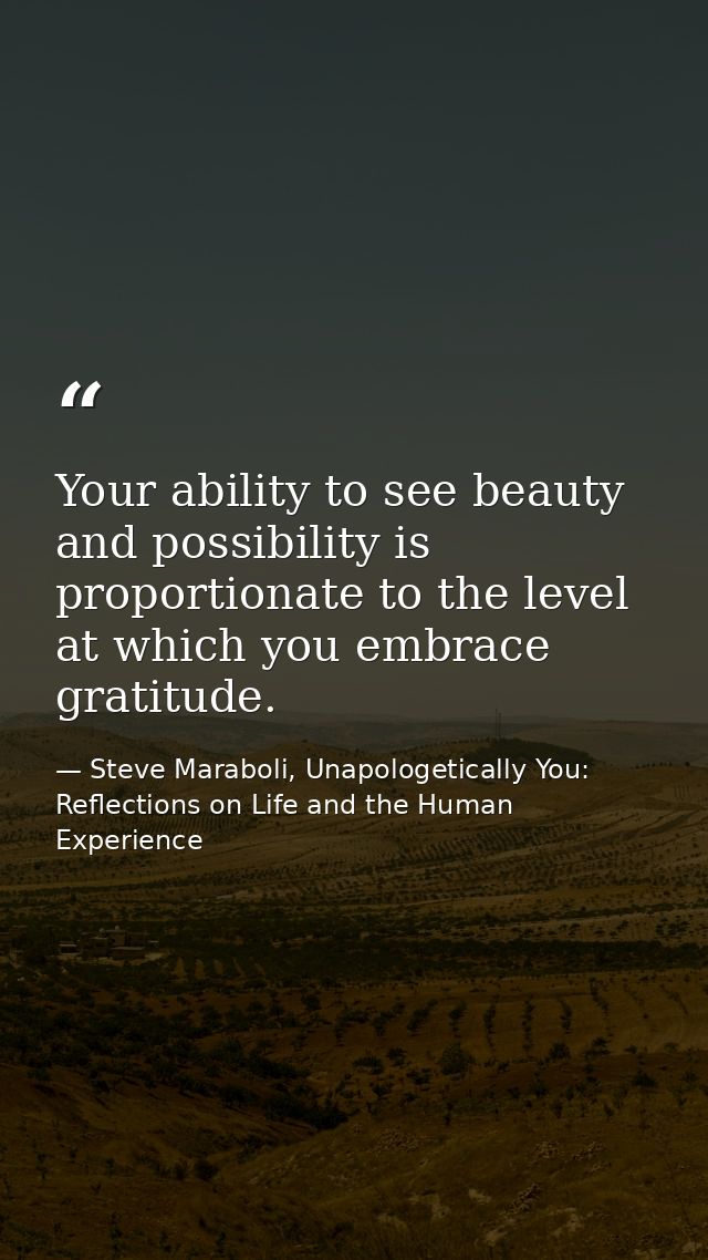 Your ability to see beauty and possibility is proportionate to the level at which you embrace gratitude. — Steve Maraboli, Unapologetically You: Reflections on Life and the Human Experience