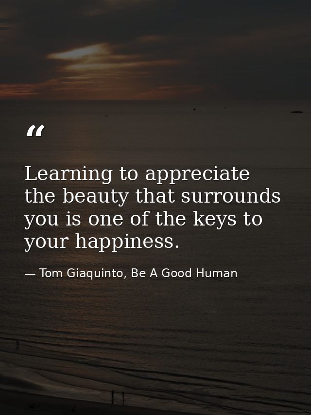 Learning to appreciate the beauty that surrounds you is one of the keys to your happiness. — Tom Giaquinto, Be A Good Human