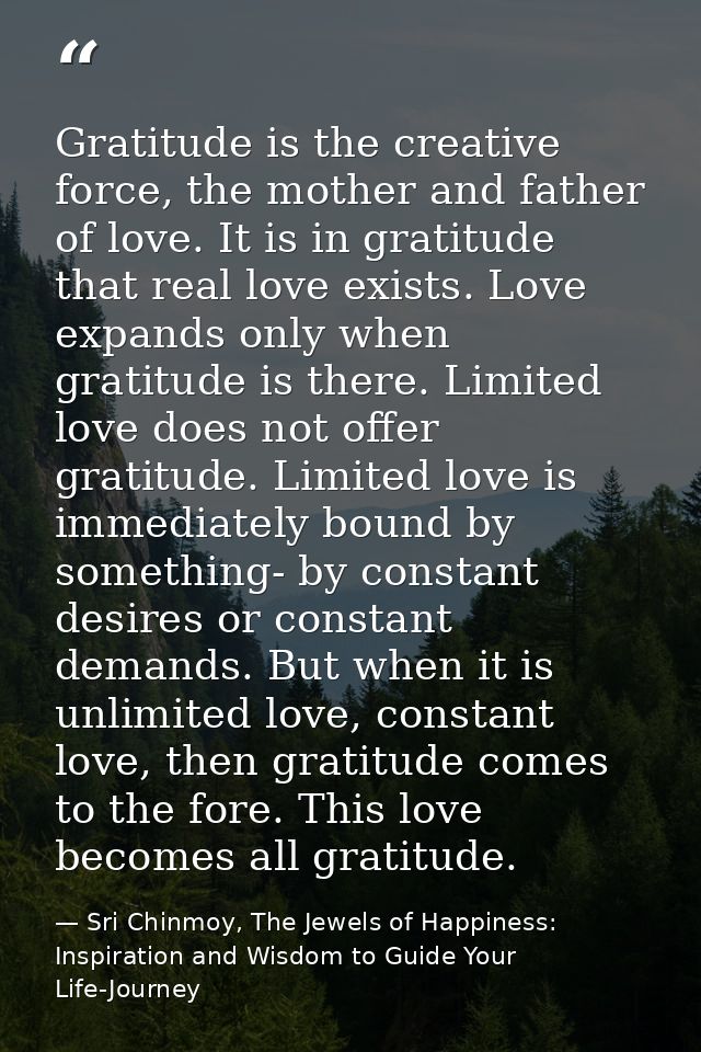 Gratitude is the creative force, the mother and father of love. It is in gratitude that real love exists. Love expands o — Sri Chinmoy, The Jewels of Happiness: Inspiration and Wisdom to Guide Your Life-Journey