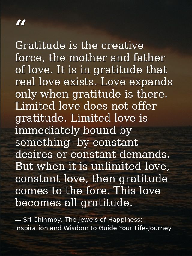 Gratitude is the creative force, the mother and father of love. It is in gratitude that real love exists. Love expands o — Sri Chinmoy, The Jewels of Happiness: Inspiration and Wisdom to Guide Your Life-Journey
