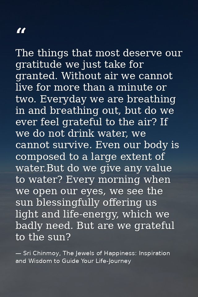 The things that most deserve our gratitude we just take for granted. Without air we cannot live for more than a minute o — Sri Chinmoy, The Jewels of Happiness: Inspiration and Wisdom to Guide Your Life-Journey