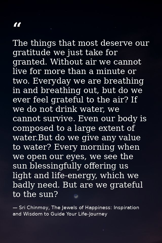 The things that most deserve our gratitude we just take for granted. Without air we cannot live for more than a minute o — Sri Chinmoy, The Jewels of Happiness: Inspiration and Wisdom to Guide Your Life-Journey