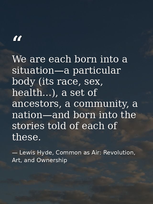 We are each born into a situation—a particular body (its race, sex, health...), a set of ancestors, a community, a natio — Lewis Hyde, Common as Air: Revolution, Art, and Ownership
