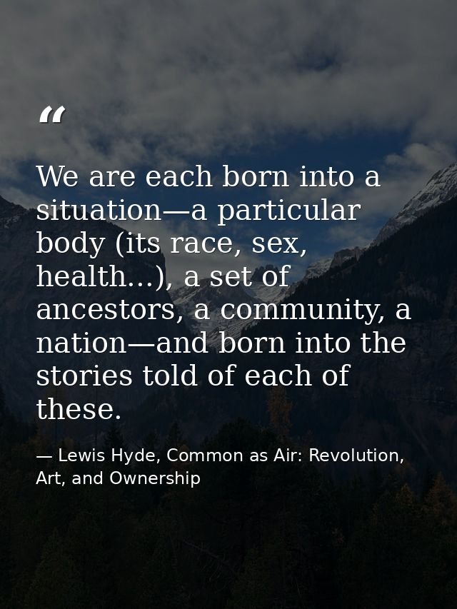 We are each born into a situation—a particular body (its race, sex, health...), a set of ancestors, a community, a natio — Lewis Hyde, Common as Air: Revolution, Art, and Ownership