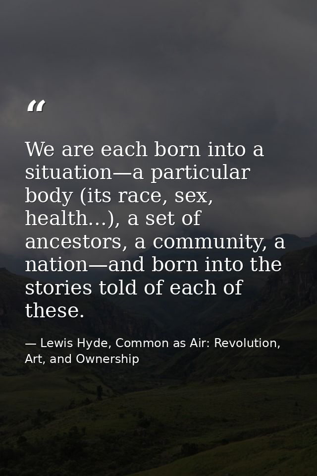 We are each born into a situation—a particular body (its race, sex, health...), a set of ancestors, a community, a natio — Lewis Hyde, Common as Air: Revolution, Art, and Ownership