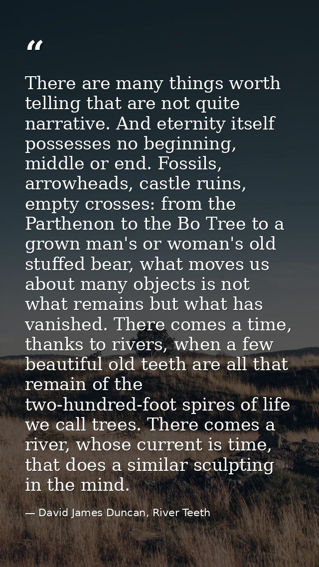 There are many things worth telling that are not quite narrative. And eternity itself possesses no beginning, middle or  — David James Duncan, River Teeth
