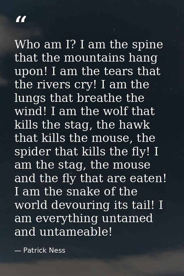 Who am I? I am the spine that the mountains hang upon! I am the tears that the rivers cry! I am the lungs that breathe t — Patrick Ness