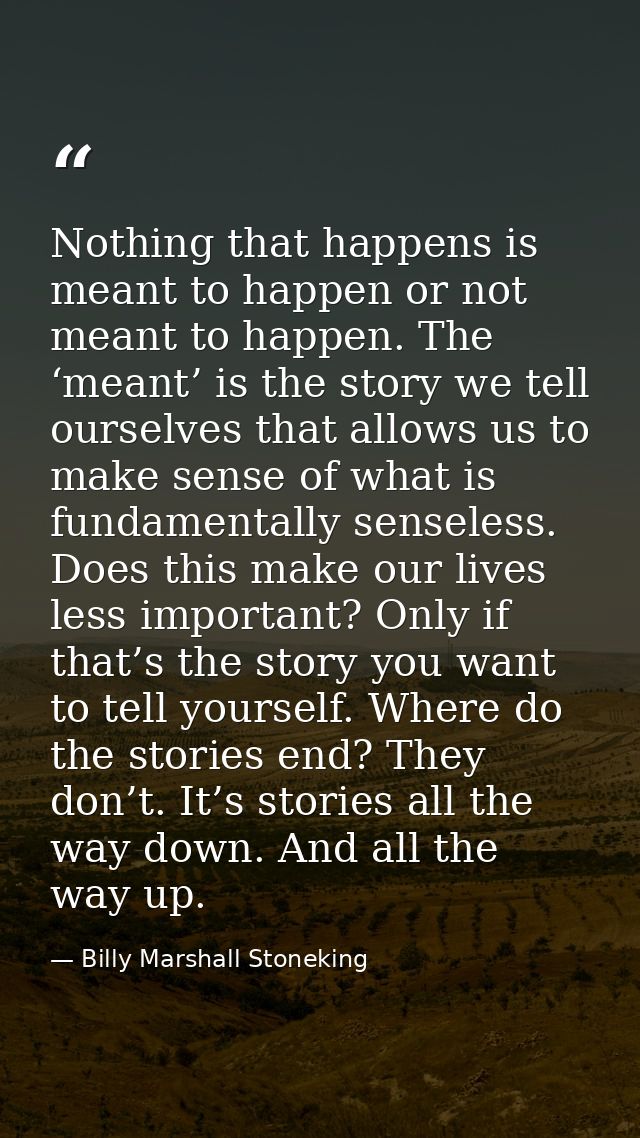 Nothing that happens is meant to happen or not meant to happen. The ‘meant’ is the story we tell ourselves that allows u — Billy Marshall Stoneking