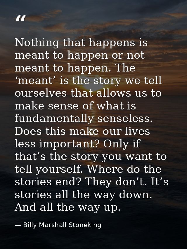 Nothing that happens is meant to happen or not meant to happen. The ‘meant’ is the story we tell ourselves that allows u — Billy Marshall Stoneking