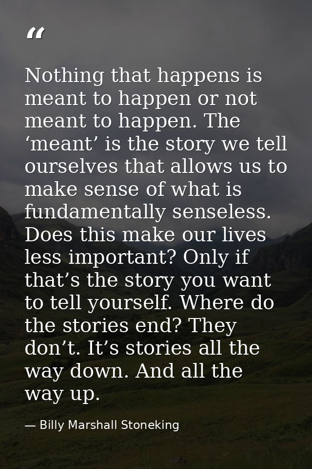 Nothing that happens is meant to happen or not meant to happen. The ‘meant’ is the story we tell ourselves that allows u — Billy Marshall Stoneking