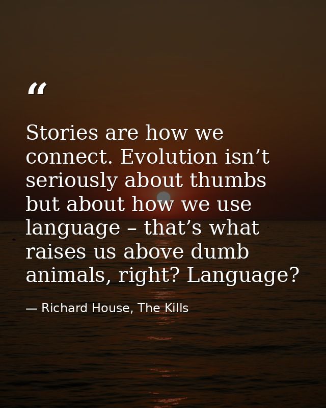 Stories are how we connect. Evolution isn’t seriously about thumbs but about how we use language – that’s what raises us — Richard House, The Kills