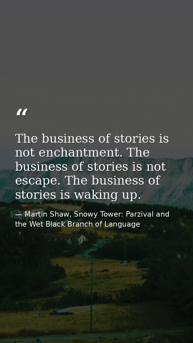 The business of stories is not enchantment. The business of stories is not escape. The business of stories is waking up. — Martin Shaw, Snowy Tower: Parzival and the Wet Black Branch of Language