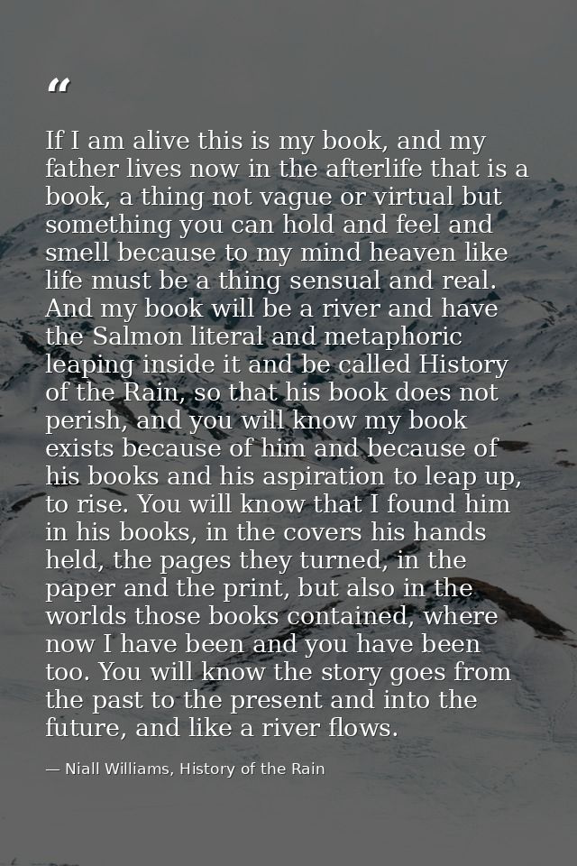 If I am alive this is my book, and my father lives now in the afterlife that is a book, a thing not vague or virtual but — Niall Williams, History of the Rain