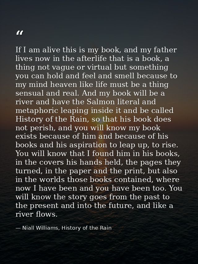 If I am alive this is my book, and my father lives now in the afterlife that is a book, a thing not vague or virtual but — Niall Williams, History of the Rain