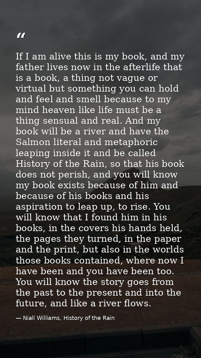 If I am alive this is my book, and my father lives now in the afterlife that is a book, a thing not vague or virtual but — Niall Williams, History of the Rain
