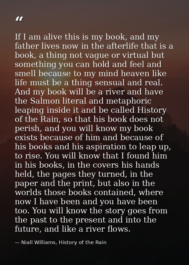 If I am alive this is my book, and my father lives now in the afterlife that is a book, a thing not vague or virtual but — Niall Williams, History of the Rain