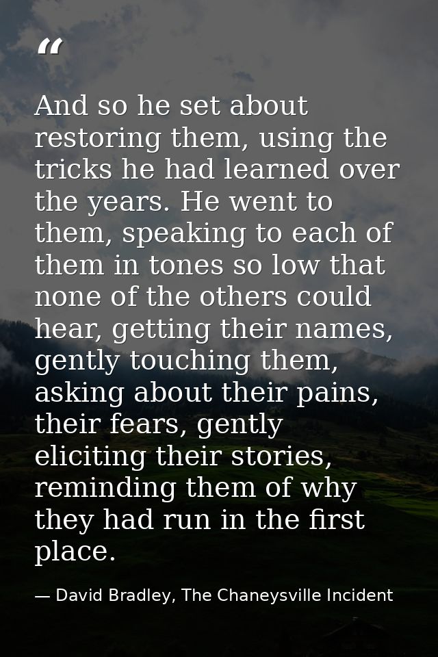 And so he set about restoring them, using the tricks he had learned over the years. He went to them, speaking to each of — David Bradley, The Chaneysville Incident