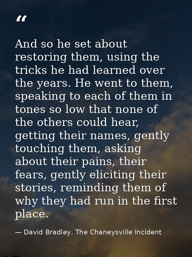 And so he set about restoring them, using the tricks he had learned over the years. He went to them, speaking to each of — David Bradley, The Chaneysville Incident
