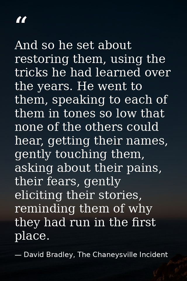 And so he set about restoring them, using the tricks he had learned over the years. He went to them, speaking to each of — David Bradley, The Chaneysville Incident