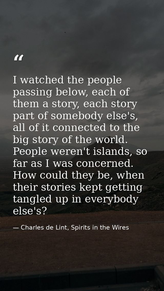 I watched the people passing below, each of them a story, each story part of somebody else's, all of it connected to the — Charles de Lint, Spirits in the Wires