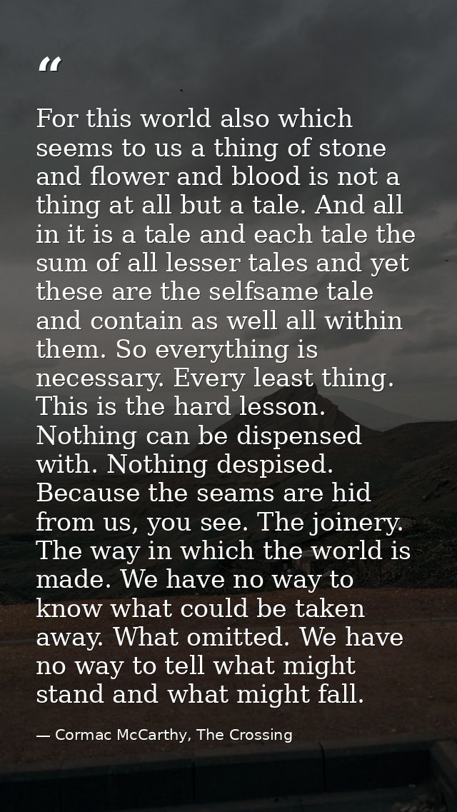 For this world also which seems to us a thing of stone and flower and blood is not a thing at all but a tale. And all in — Cormac McCarthy, The Crossing