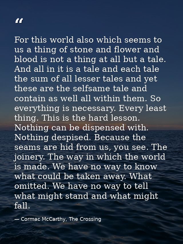 For this world also which seems to us a thing of stone and flower and blood is not a thing at all but a tale. And all in — Cormac McCarthy, The Crossing