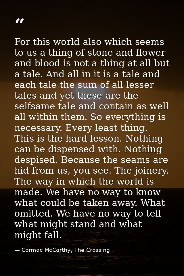 For this world also which seems to us a thing of stone and flower and blood is not a thing at all but a tale. And all in — Cormac McCarthy, The Crossing