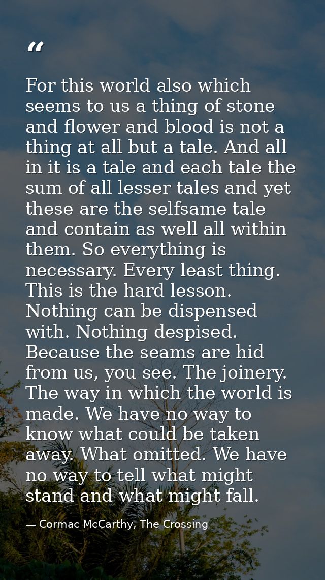 For this world also which seems to us a thing of stone and flower and blood is not a thing at all but a tale. And all in — Cormac McCarthy, The Crossing