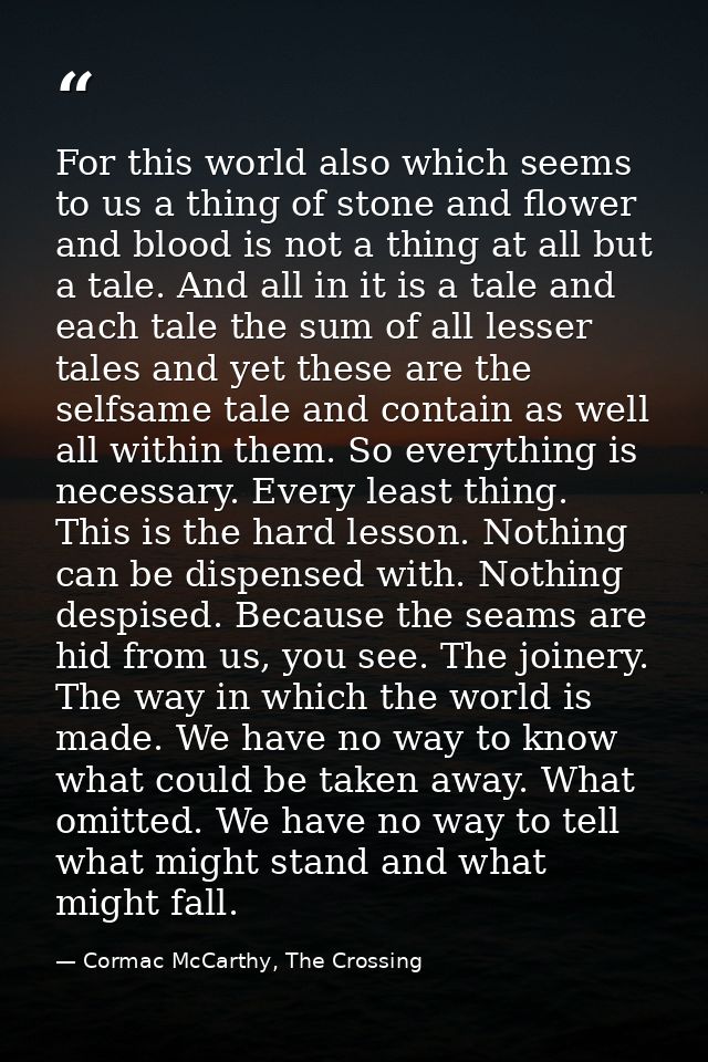 For this world also which seems to us a thing of stone and flower and blood is not a thing at all but a tale. And all in — Cormac McCarthy, The Crossing