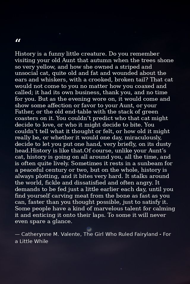 History is a funny little creature. Do you remember visiting your old Aunt that autumn when the trees shone so very yell — Catherynne M. Valente, The Girl Who Ruled Fairyland - For a Little While