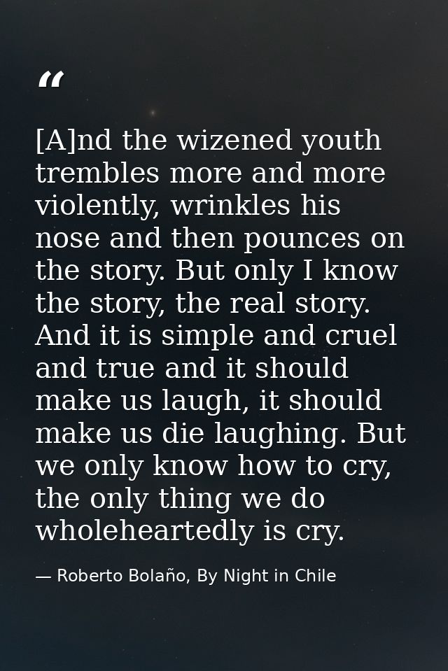 [A]nd the wizened youth trembles more and more violently, wrinkles his nose and then pounces on the story. But only I kn — Roberto Bolaño, By Night in Chile