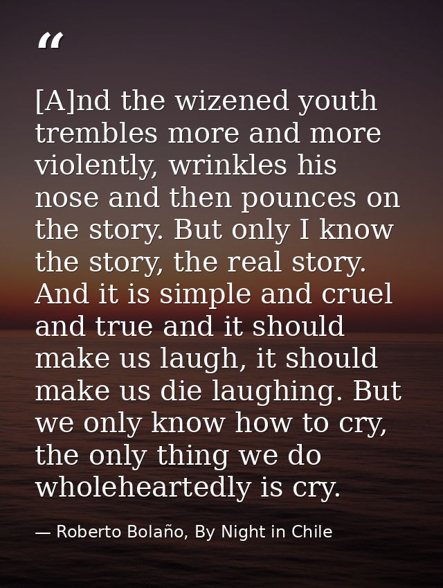 [A]nd the wizened youth trembles more and more violently, wrinkles his nose and then pounces on the story. But only I kn — Roberto Bolaño, By Night in Chile