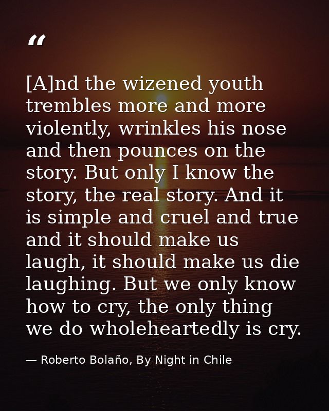 [A]nd the wizened youth trembles more and more violently, wrinkles his nose and then pounces on the story. But only I kn — Roberto Bolaño, By Night in Chile