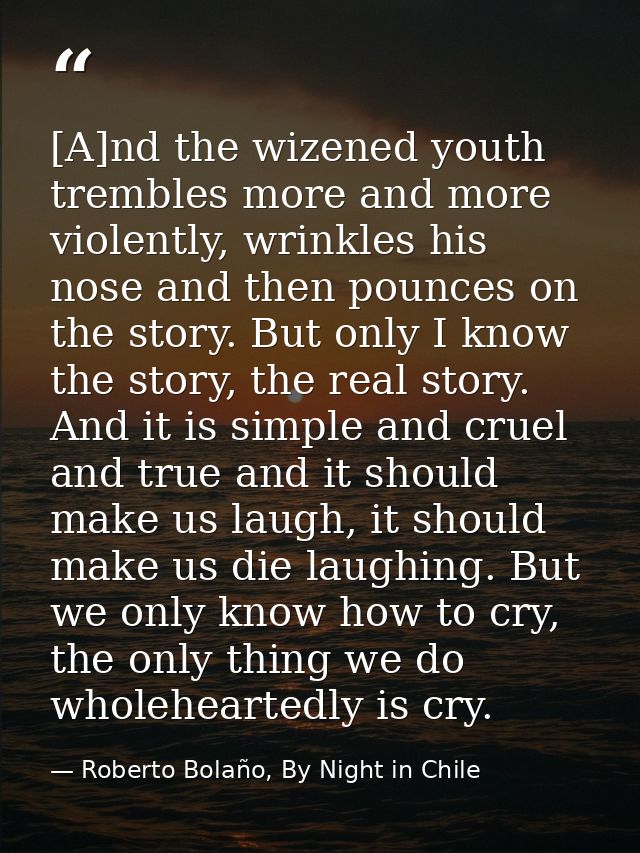 [A]nd the wizened youth trembles more and more violently, wrinkles his nose and then pounces on the story. But only I kn — Roberto Bolaño, By Night in Chile