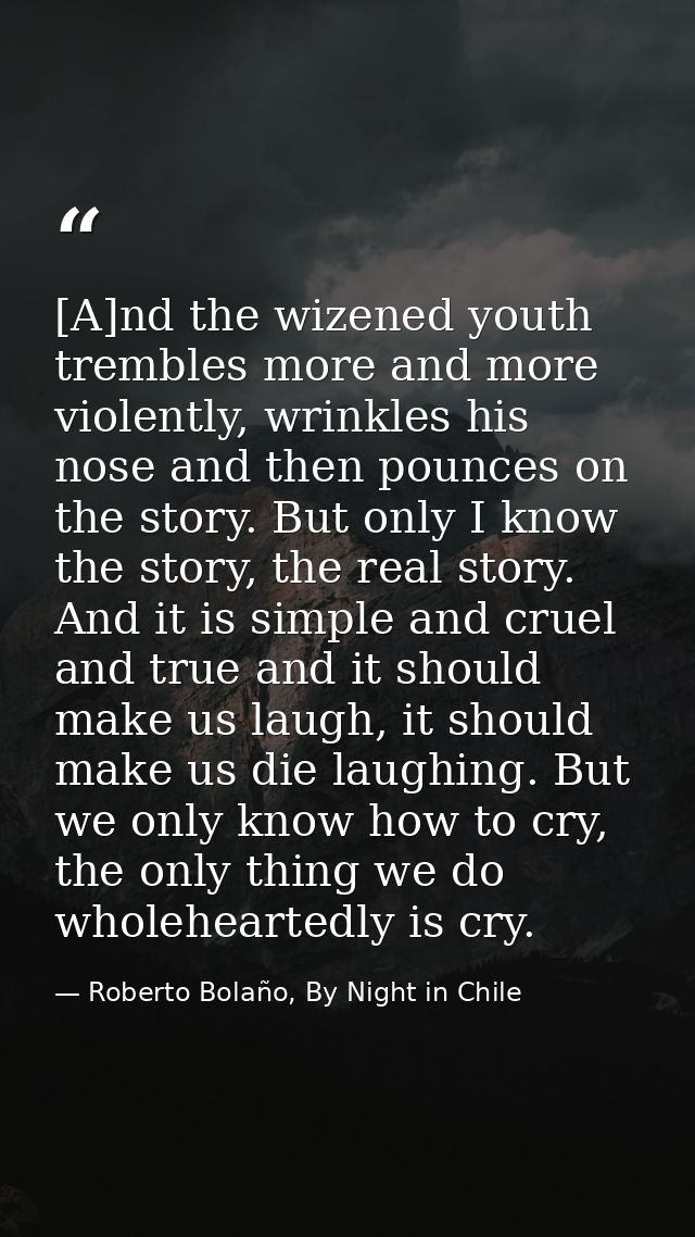 [A]nd the wizened youth trembles more and more violently, wrinkles his nose and then pounces on the story. But only I kn — Roberto Bolaño, By Night in Chile