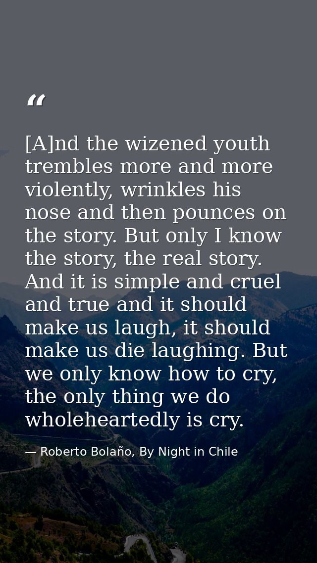 [A]nd the wizened youth trembles more and more violently, wrinkles his nose and then pounces on the story. But only I kn — Roberto Bolaño, By Night in Chile