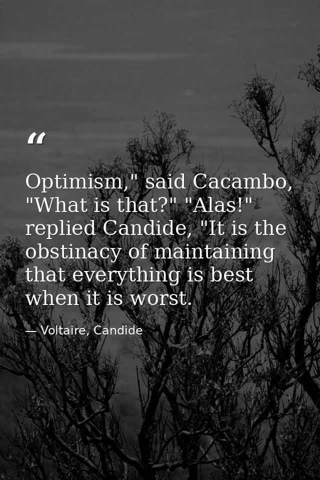 Optimism," said Cacambo, "What is that?" "Alas!" replied Candide, "It is the obstinacy of maintaining that everything is — Voltaire, Candide
